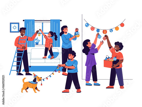 Family festive decoration at home: A family collaborates to hang festive decorations in their cozy home, full of joyful activity and the warmth of togetherness.