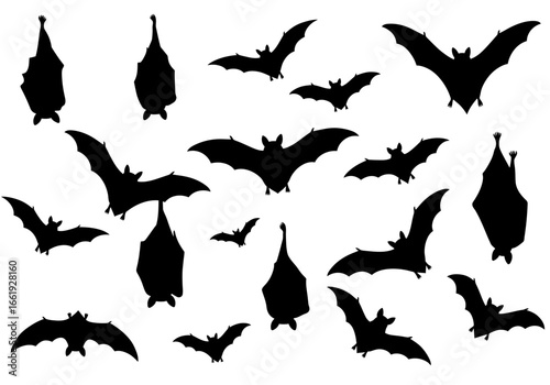 A collection of silhouetted bats with varied poses and wing positions against a white background