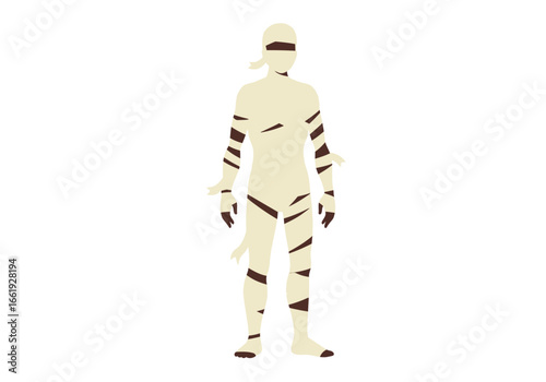 A figure wrapped in beige and brown bandages resembling a mummy