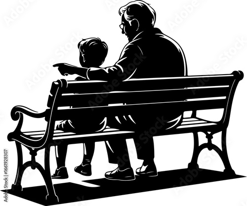 A warm silhouette of a grandparent and grandchild sitting side by side on a classic park bench