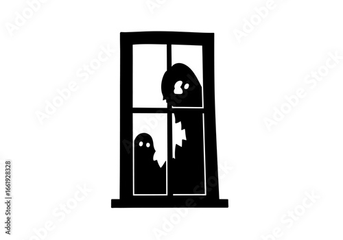 A silhouette of two ghosts peering out from a broken dark window frame