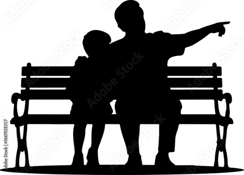 A warm silhouette of a grandparent and grandchild sitting side by side on a classic park bench