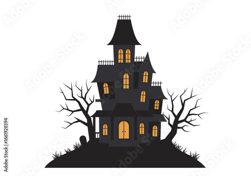 A spooky shadowed haunted house sits atop a hill with bare trees flanking it Tombstone to the left
