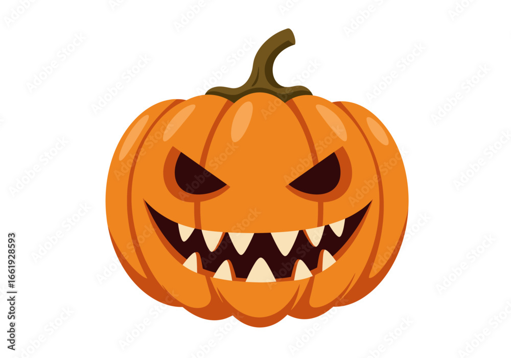 Fototapeta premium An orange pumpkin with a spooky face and a brown stem isolated on a white background