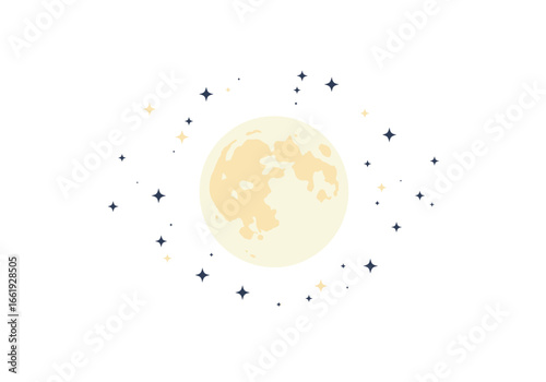 A yellow cartoon moon with craters is surrounded by dark blue and yellow star shapes on a white background