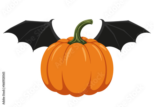 An orange pumpkin sports bat wings and a green stem isolated on white