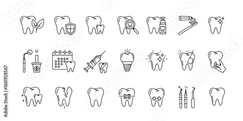 Dental Care Vector Icon Set, Dentistry and Orthodontics Line Symbols.