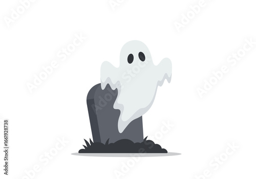 Cartoon ghost hovers over a grey tombstone with jagged grass on a white background