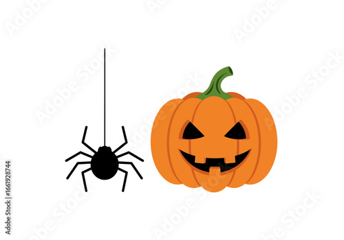 Cartoon Halloween with a jackolantern and a hanging spider