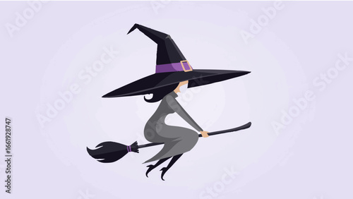 A witch with a tall hat and dress riding a broom against a light purple background in a cartoon style