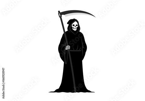 Grim Reaper cloaked figure holds scythe skull face