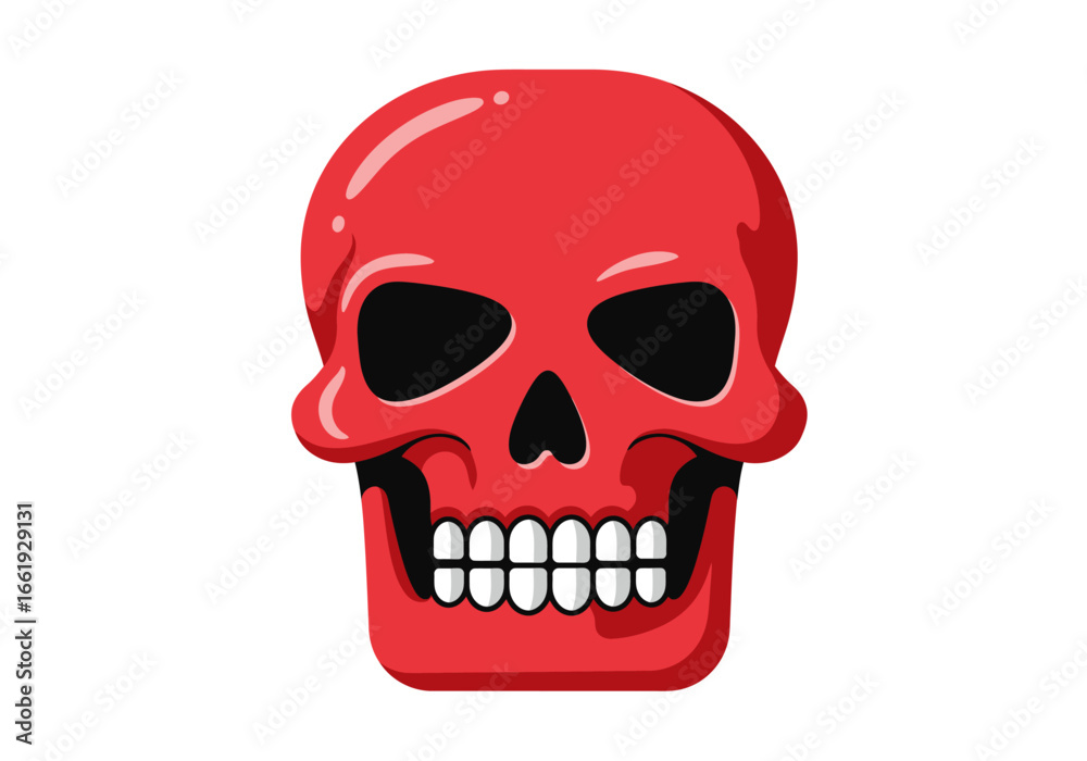 Obraz premium Red skull with black eye sockets and nose hole showing white teeth on a white background