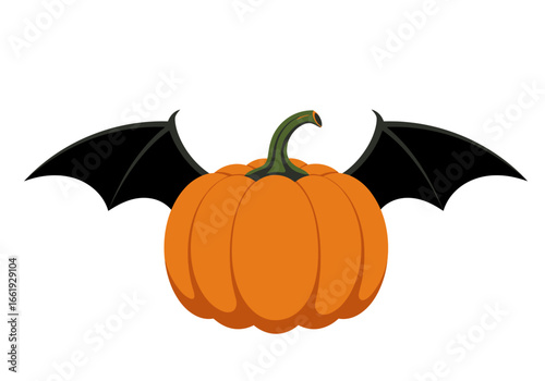 Orange pumpkin with bat wings green stem and no facial features