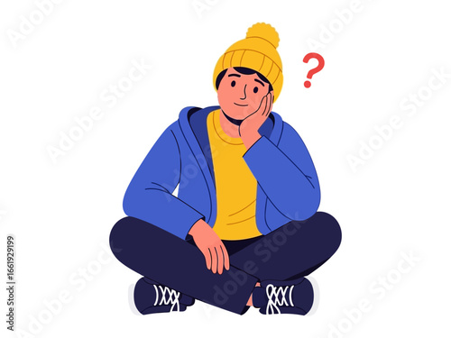 Thinking Boy: An illustration of a pensive boy, seated cross-legged and pondering life's questions, a vibrant display of curiosity.