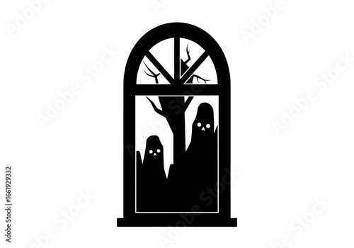 Two black ghosts loom behind a silhouetted window with a tree in the distance