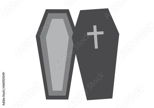 Two coffins one open in grey layers the other closed in dark grey with a light grey cross