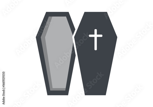 Two coffins one open in gray tones the other closed and dark gray with a white cross