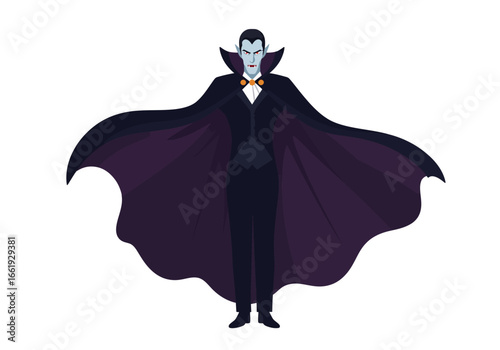 Vampire in cape pale skin fangs formal attire bow tie imposing stance