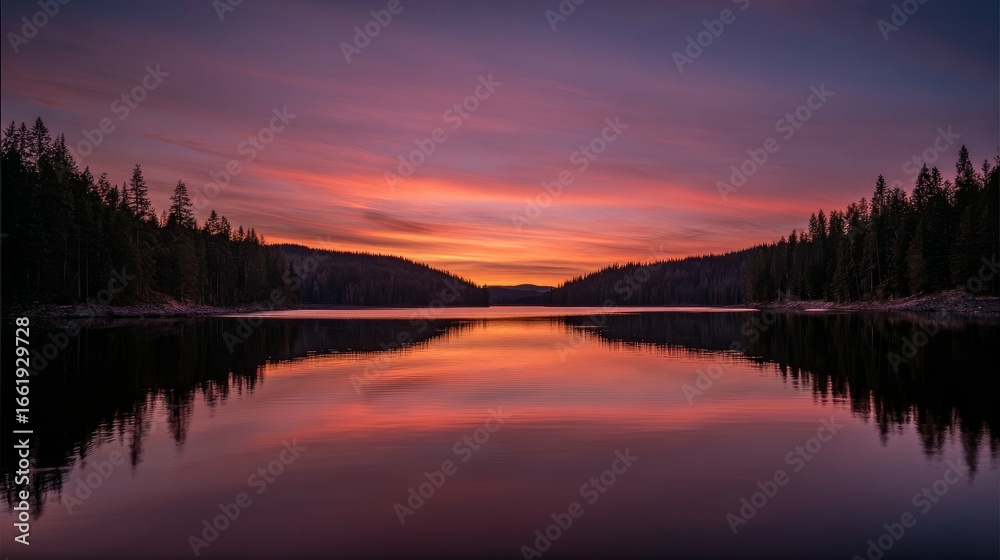 Fototapeta premium A serene lake at dusk reflects vibrant sky colors with deep blues, purples, oranges, and pinks,