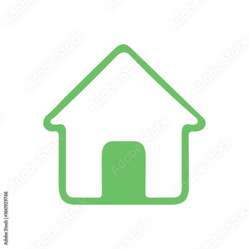 A simple, green house icon with rounded edges, centered on a white background, conveys a clean, minimalist, and welcoming ambiance.