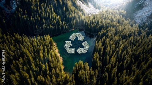 Aerial view of dense evergreen trees surrounding a turquoise river leading to a lake,