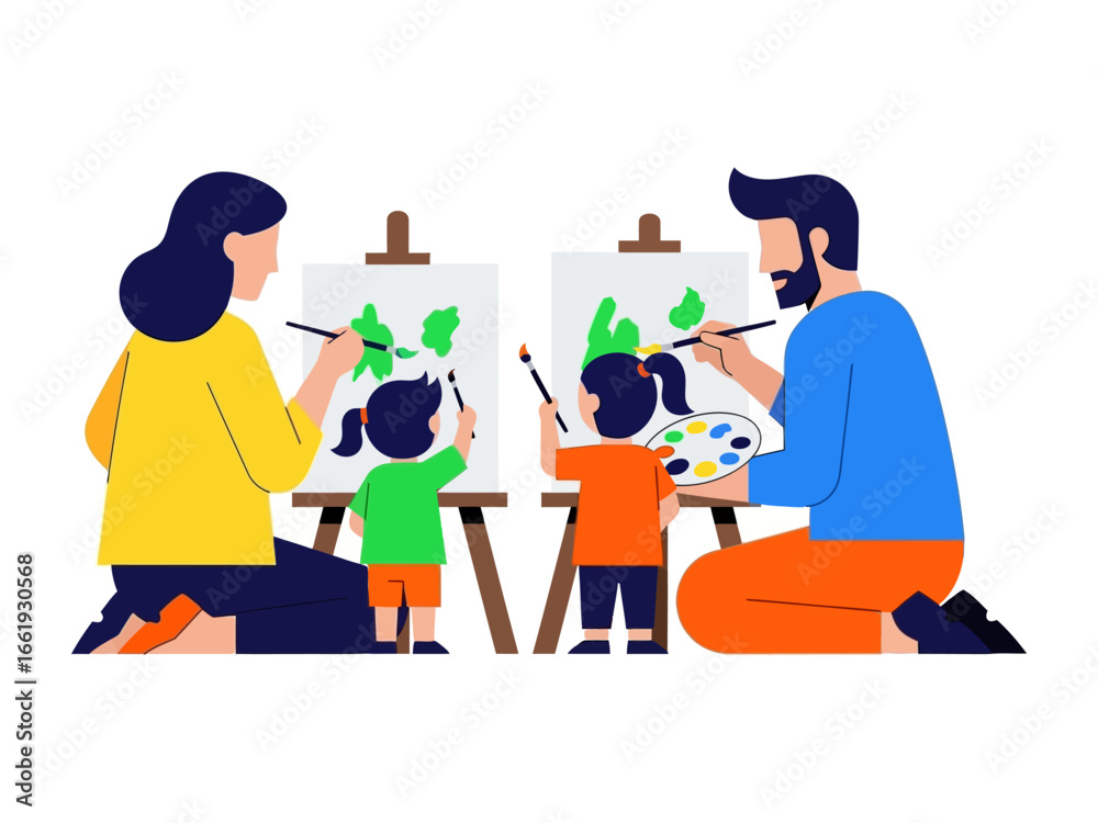 Fototapeta premium Family Artistic Moment: A heart warming family, engrossed in the creative act of painting. Capturing the essence of a joyful and artistic family.