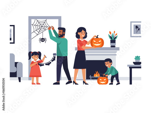 Family Decorating for Halloween: Capturing the heartwarming scene of a family coming together to decorate their home for Halloween, filled with joyful preparation and festive cheer.