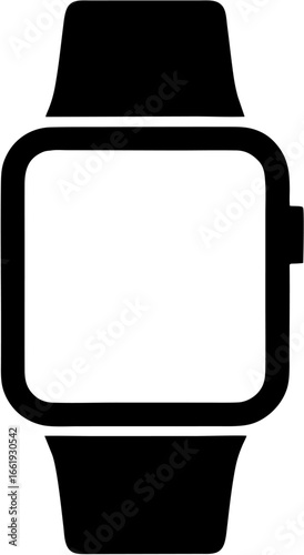 Simple black and white outline illustration of a smartwatch with a blank screen and strap