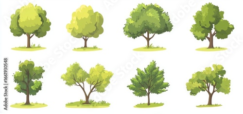 A cartoon tree is depicted amidst simple, flat illustrations of forest flora, including coniferous and deciduous trees found in meadows, such as oak and pine, as well as Christmas trees, all as