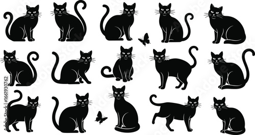 Black cat silhouette, butterfly interaction, Halloween theme, pet design, feline pose, artistic vector, spooky animal, decorative graphic, isolated illustration