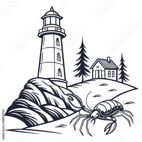 Lighthouse on the beach with white background and blue sky