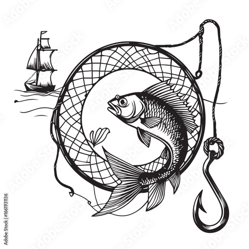 Vector art of vintage ink illustration of a fish caught in a net with a fishing hook, a sailboat in the background, isolated on white background