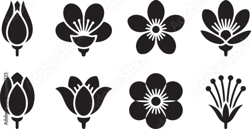 Black floral icons flower blossom