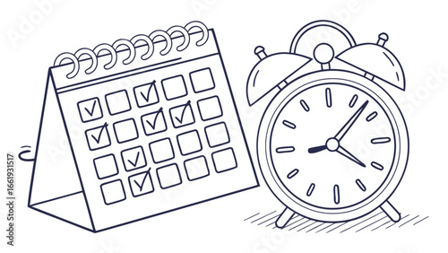 Illustration of a calendar with check marks and a classic alarm clock in black and white outline style