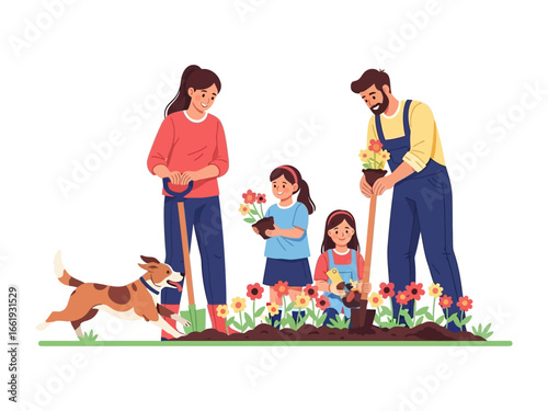 Family Gardening Together: Illustrative representation of a family engaged in a gardening activity, each member joyfully contributing to the cultivation of flowers in their garden.