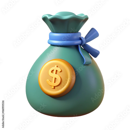 Green money bag with dollar coin isolated on transparent background