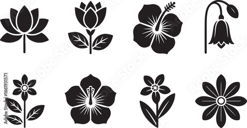 Black floral icons lotus hibiscus