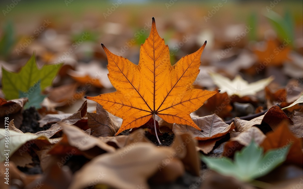 Detailed closeup of a brown maple leaf centered on a bed of varied dried leaves in shades of green, orange, and brown scattered across the ground. High quality Detailed closeup of a brown maple leaf centered on a bed of varied dried leaves in shades of green, orange, and brown scattered across the ground. High quality