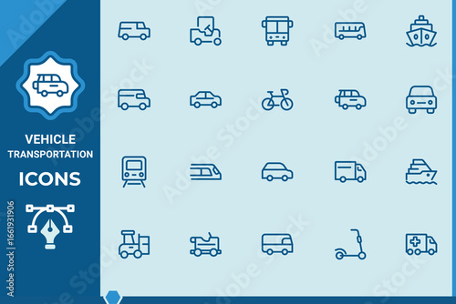 Vehicle transportation line icons set.Pixel perfect. scooter, bicycle, bus, tram, subway, taxi, etc. Editable stroke. Vector illustration