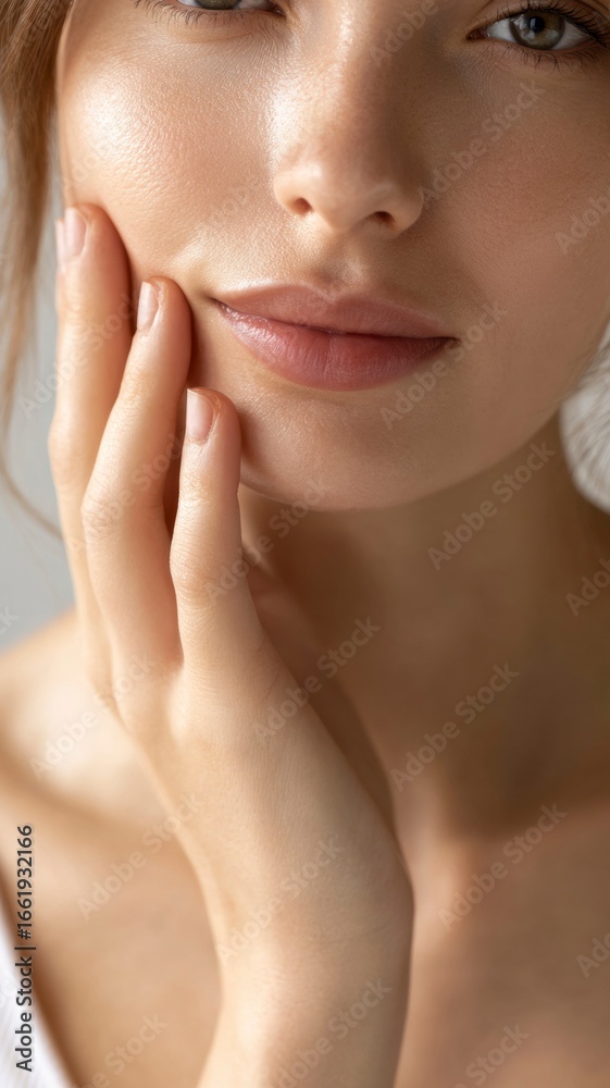 © 보현 문 - Portrait of a woman with clear flawless skin touching her face, showcasing natural beauty