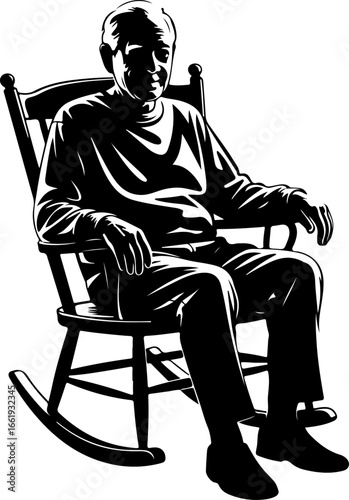 An elderly man with a gentle posture sitting relaxed on a classic wooden rocking chair