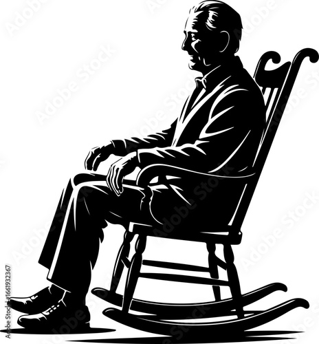 An elderly man with a gentle posture sitting relaxed on a classic wooden rocking chair