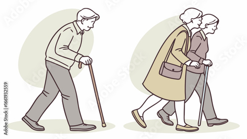 Illustration showing an elderly man walking with a cane and a couple walking with a cane too