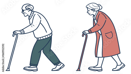 Illustration of an elderly man and woman walking with canes side by side in a simple cartoon style
