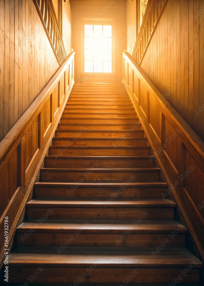 Fototapeta premium Warm golden sunlight shines through a large window at the top of an old wooden staircase, creating a dramatic play of light and shadow in the vintage hallway