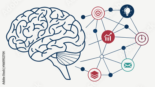 Illustration of a brain connected to a network of icons representing various concepts and ideas