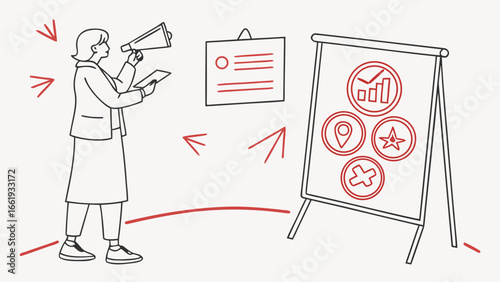 Woman presenting with megaphone and tablet next to flip chart with icons and a document shown on wall