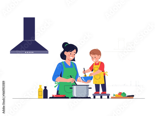 Cooking Together: A cheerful scene captures a mother and child, hands on, engrossed in preparing a delicious meal within a home kitchen. 