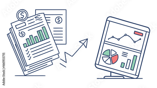 Financial reports and monitor showing business growth with upward trending arrow line graph chart