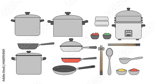 Collection of cooking utensils and kitchenware for meal preparation and culinary arts